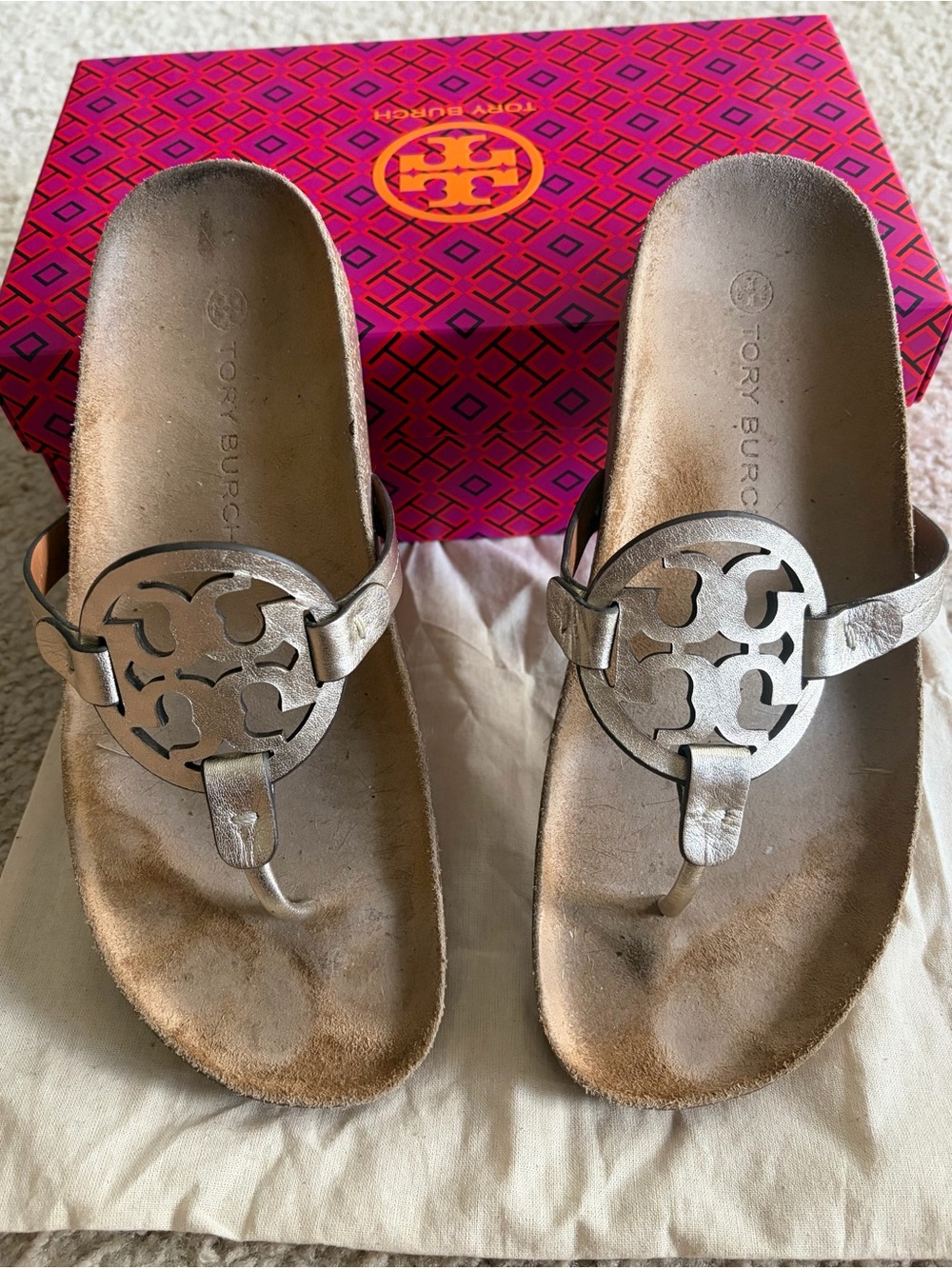 Tory Burch Metallic Silver Logo Thong Sandals